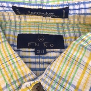 Mens shirt sleeve seersucker plaid dress shirt